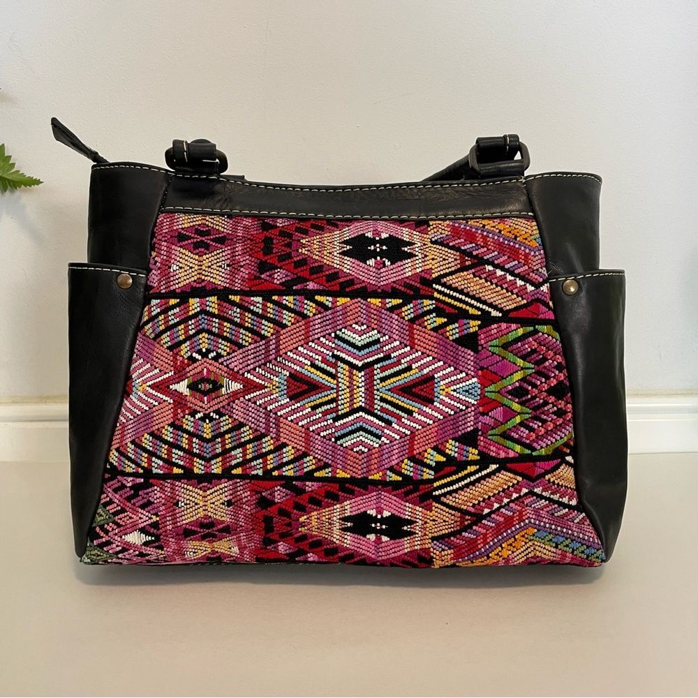 Embroidered Boho‎ Leather Tote Bag Aztec Black